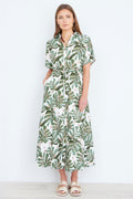 Yumi Green Viscose Leaf Print Relaxed Midi Dress