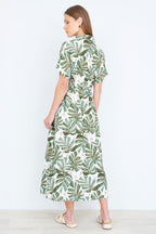 Yumi Green Viscose Leaf Print Relaxed Midi Dress