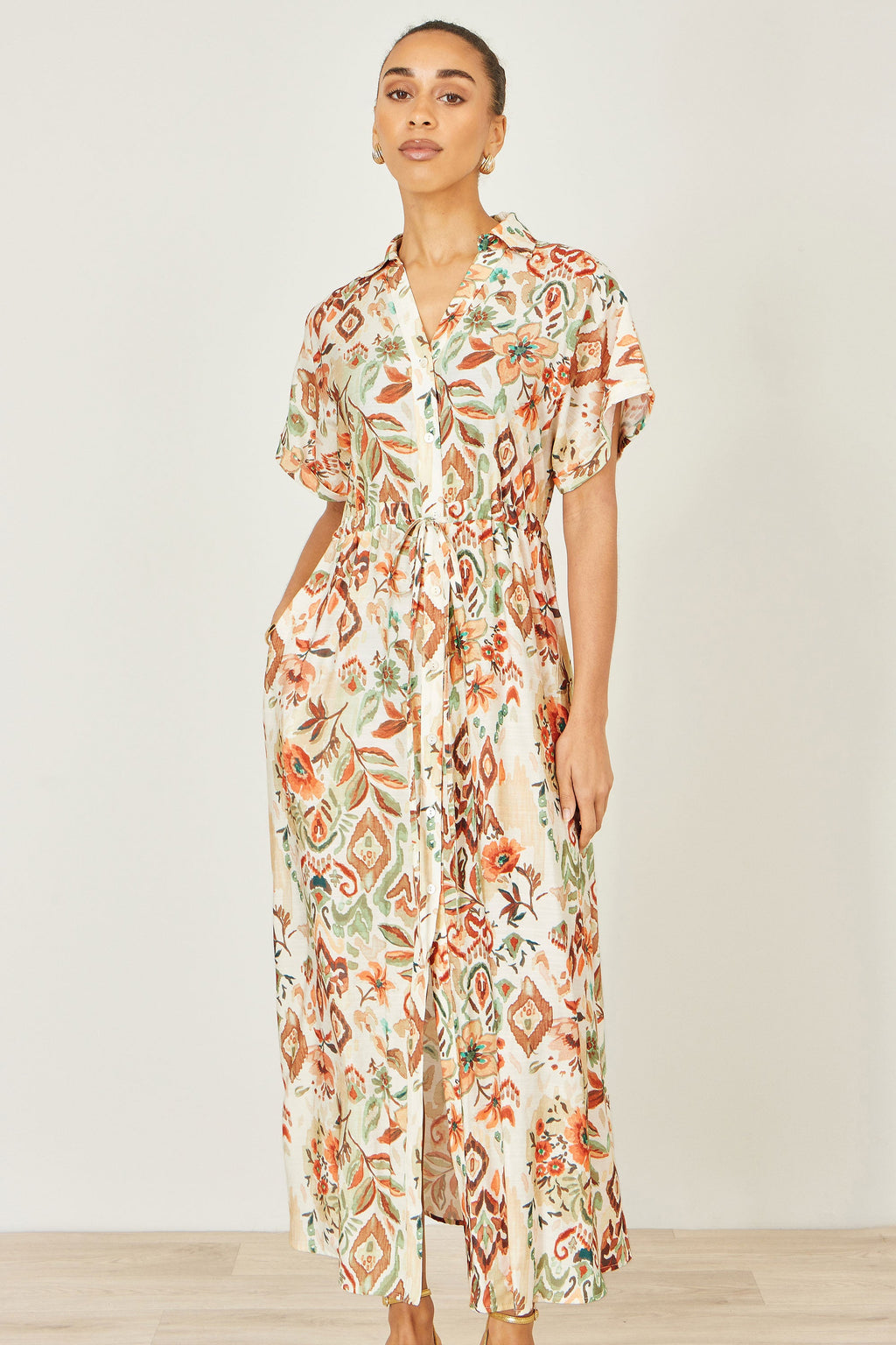 Yumi Ivory Viscose Relaxed Boho Print Maxi Shirt Dress