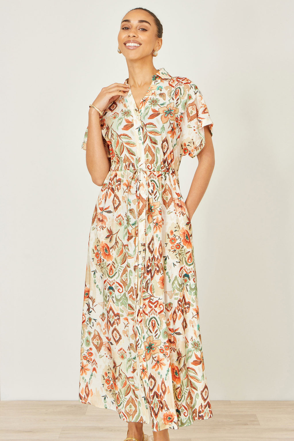 Yumi Ivory Viscose Relaxed Boho Print Maxi Shirt Dress