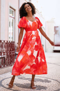 Yumi Red Viscose Floral Midi Dress With Puff Sleeves