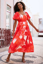 Yumi Red Viscose Floral Midi Dress With Puff Sleeves