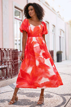 Yumi Red Viscose Floral Midi Dress With Puff Sleeves