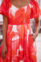 Yumi Red Viscose Floral Midi Dress With Puff Sleeves