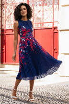 Yumi Navy Border Floral Print Midi Dress With Pleats