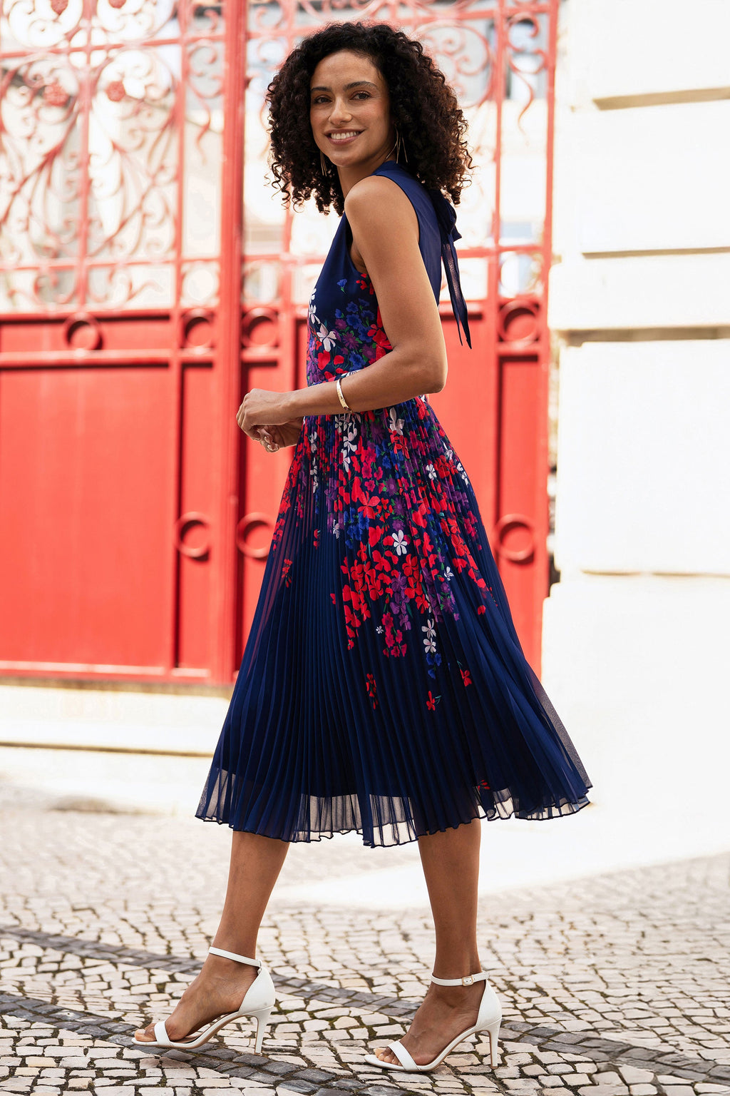 Yumi Navy Border Floral Print Midi Dress With Pleats
