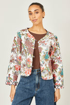 Yumi White Peacock Print Reversible Cotton Quilted Jacket