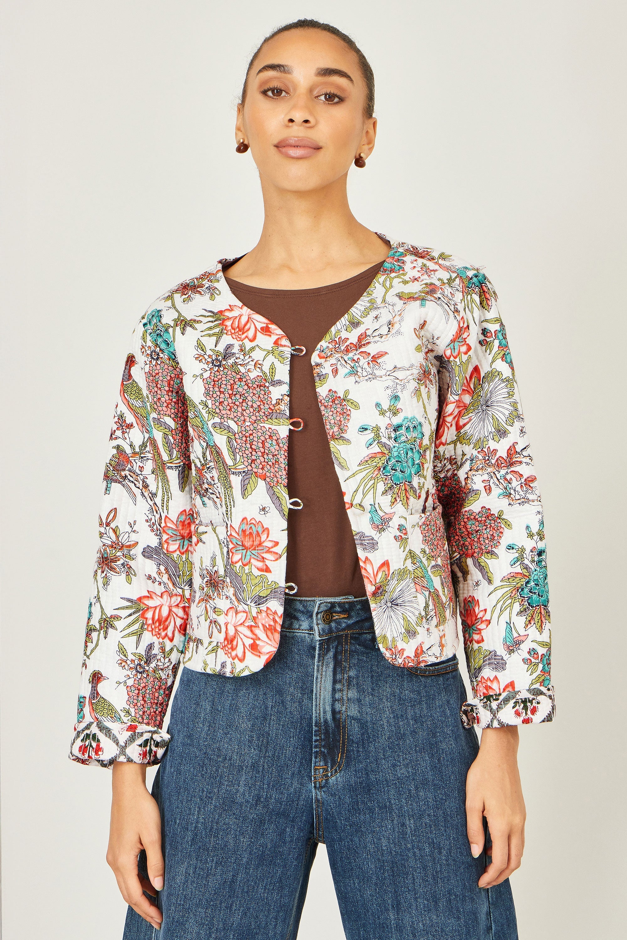 Yumi White Peacock Print Reversible Cotton Quilted Jacket