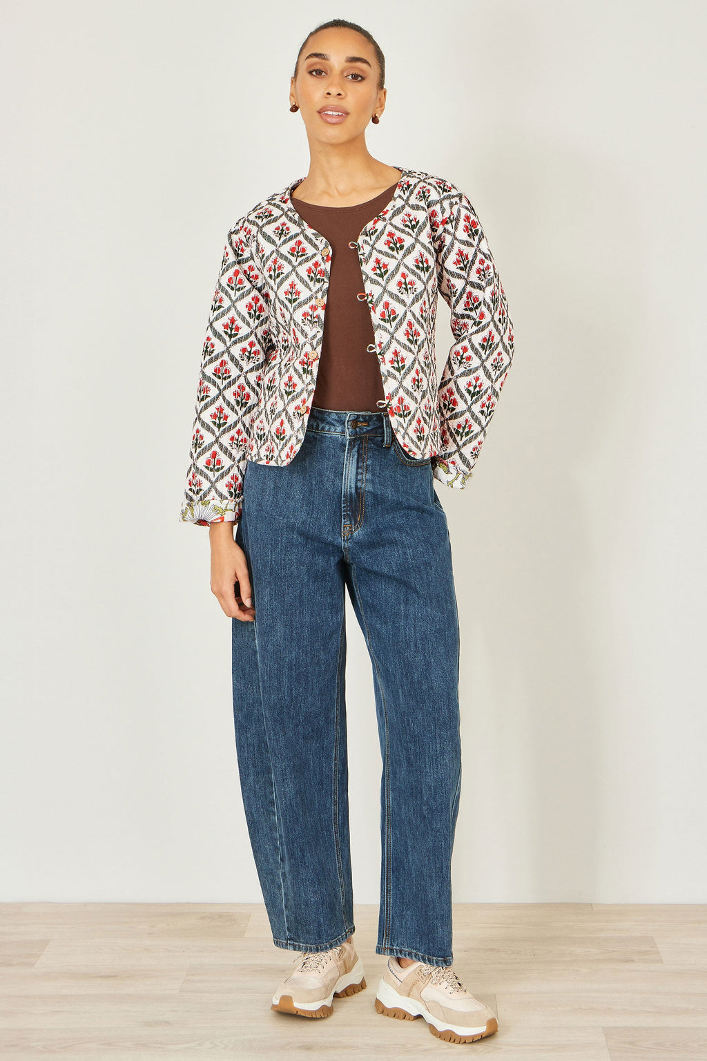 Yumi White Peacock Print Reversible Cotton Quilted Jacket
