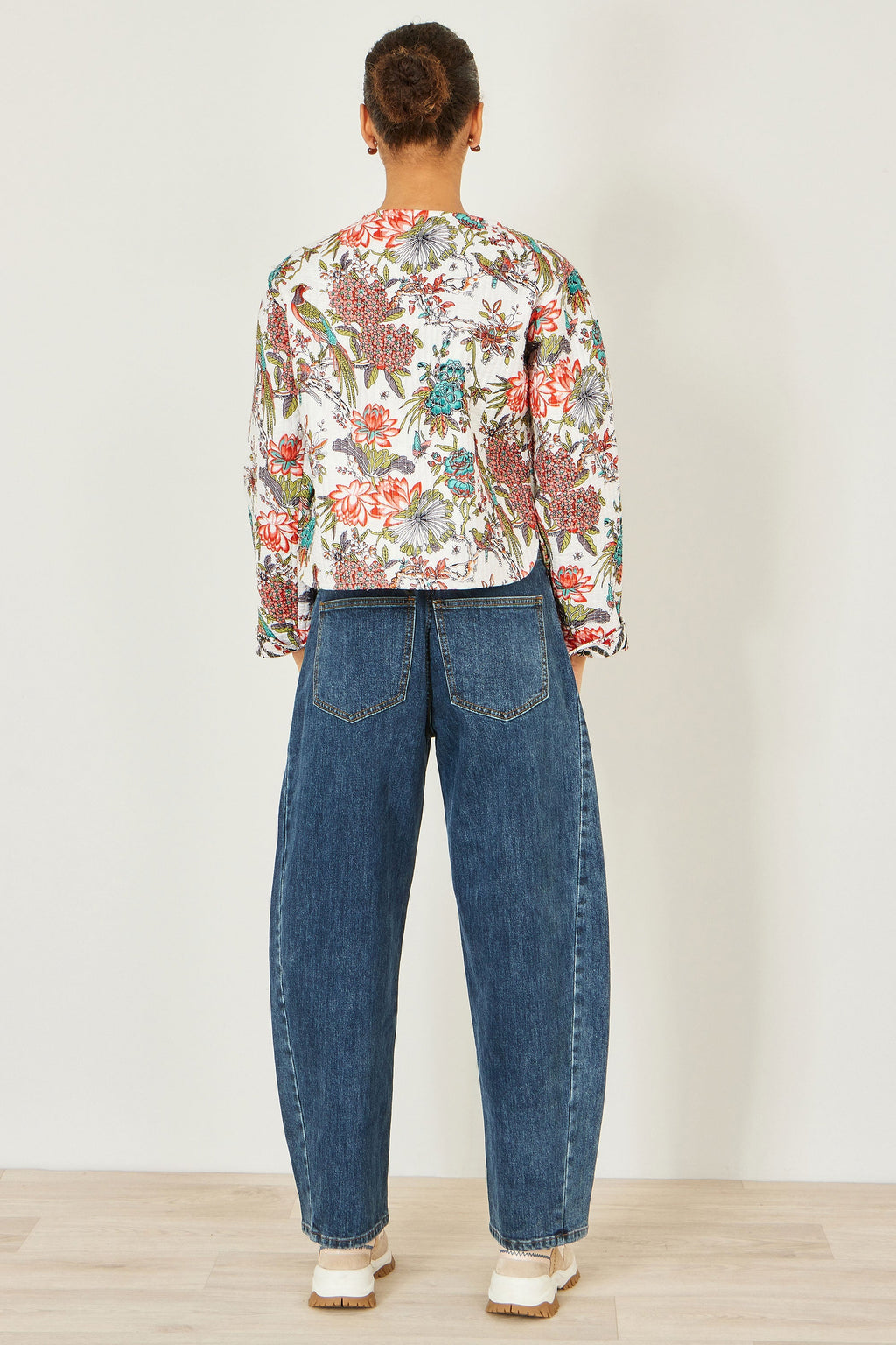 Yumi White Peacock Print Reversible Cotton Quilted Jacket