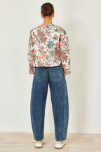 Yumi White Peacock Print Reversible Cotton Quilted Jacket