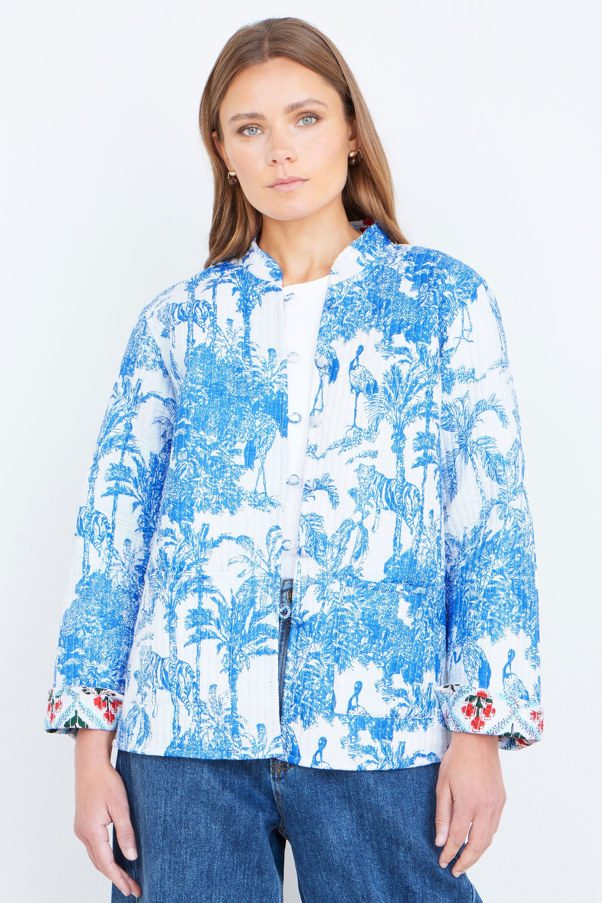 Yumi Blue Palm Reversible Cotton Quilted Jacket