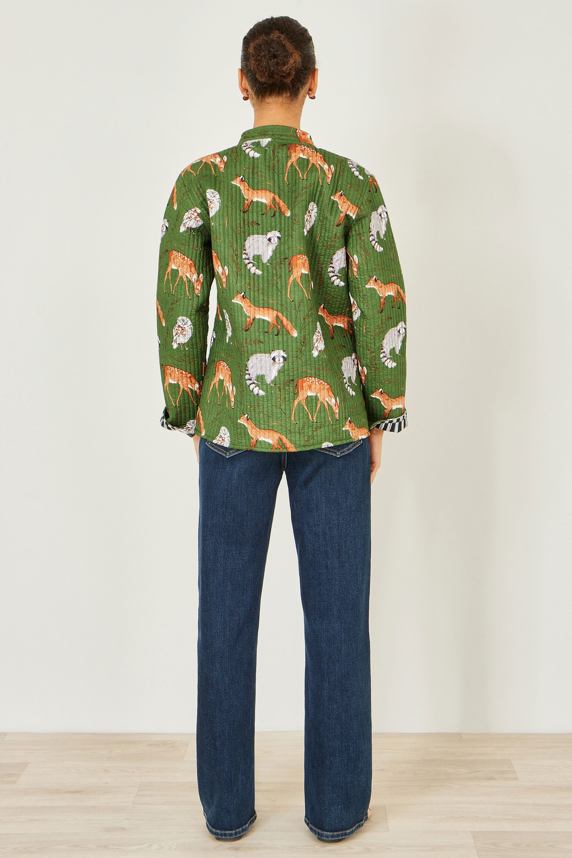 Yumi Green Fox Print Reversible Cotton Quilted Jacket