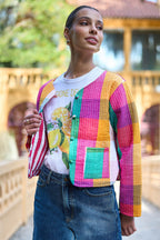 Yumi Multicolour Checked Cropped Reversible Cotton Quilted Jacket