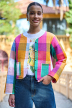 Yumi Multicolour Checked Cropped Reversible Cotton Quilted Jacket