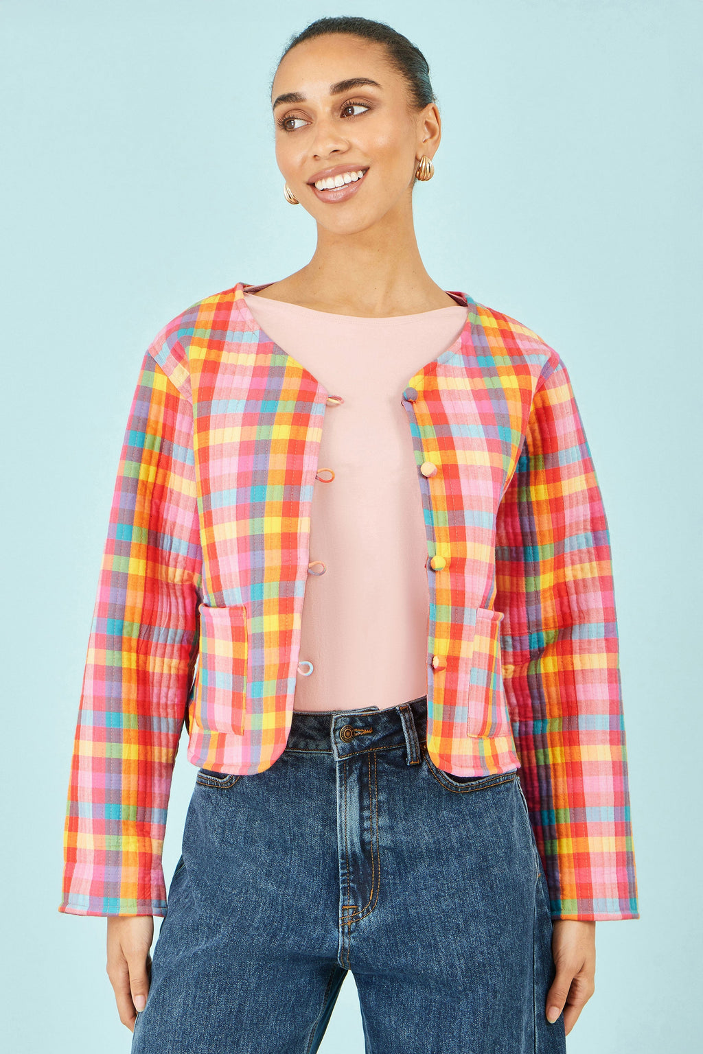 Yumi Multicolour Checked Reversible Cotton Quilted Jacket