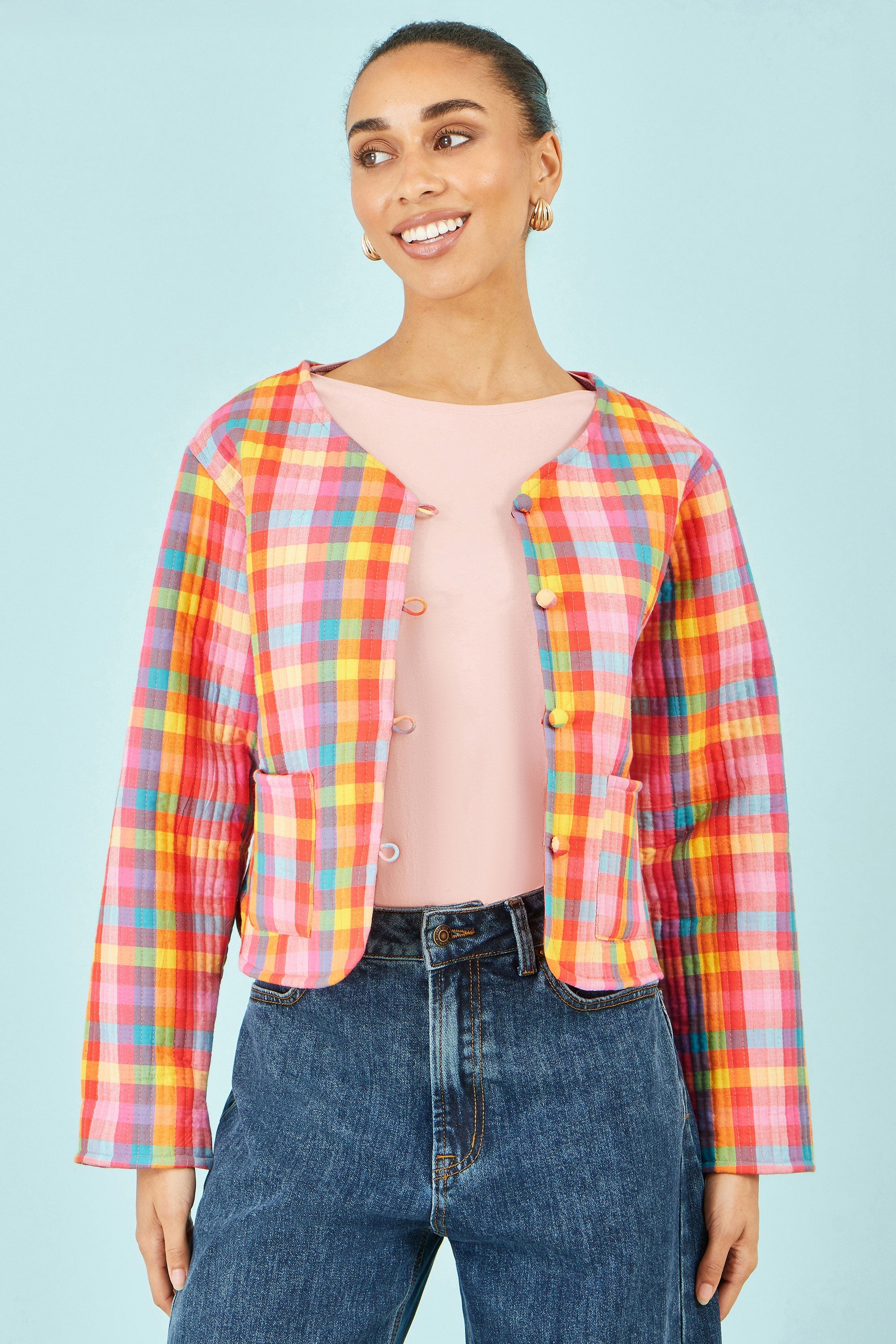 Yumi Multicolour Checked Reversible Cotton Quilted Jacket