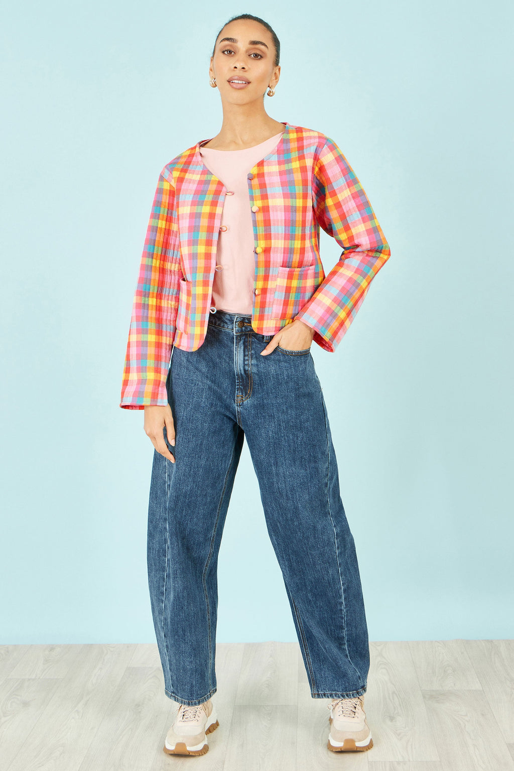 Yumi Multicolour Checked Reversible Cotton Quilted Jacket