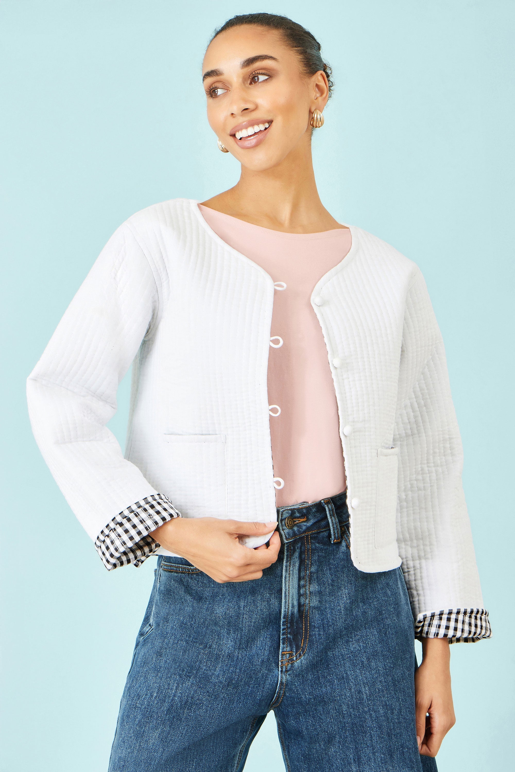 Yumi White Gingham Reversible Cotton Quilted Cropped Jacket