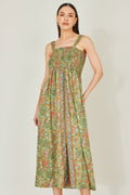 Yumi Green Foil Palm Print Ruched Maxi Dress With Border Detail