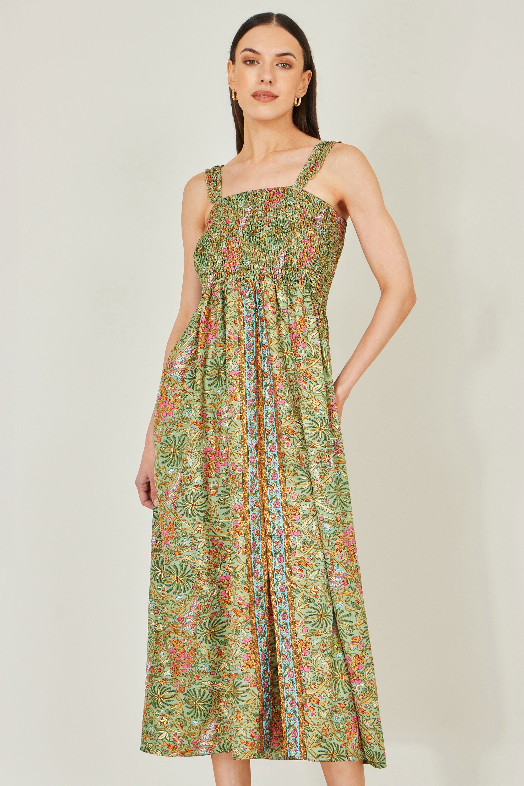 Yumi Green Foil Palm Print Ruched Maxi Dress With Border Detail