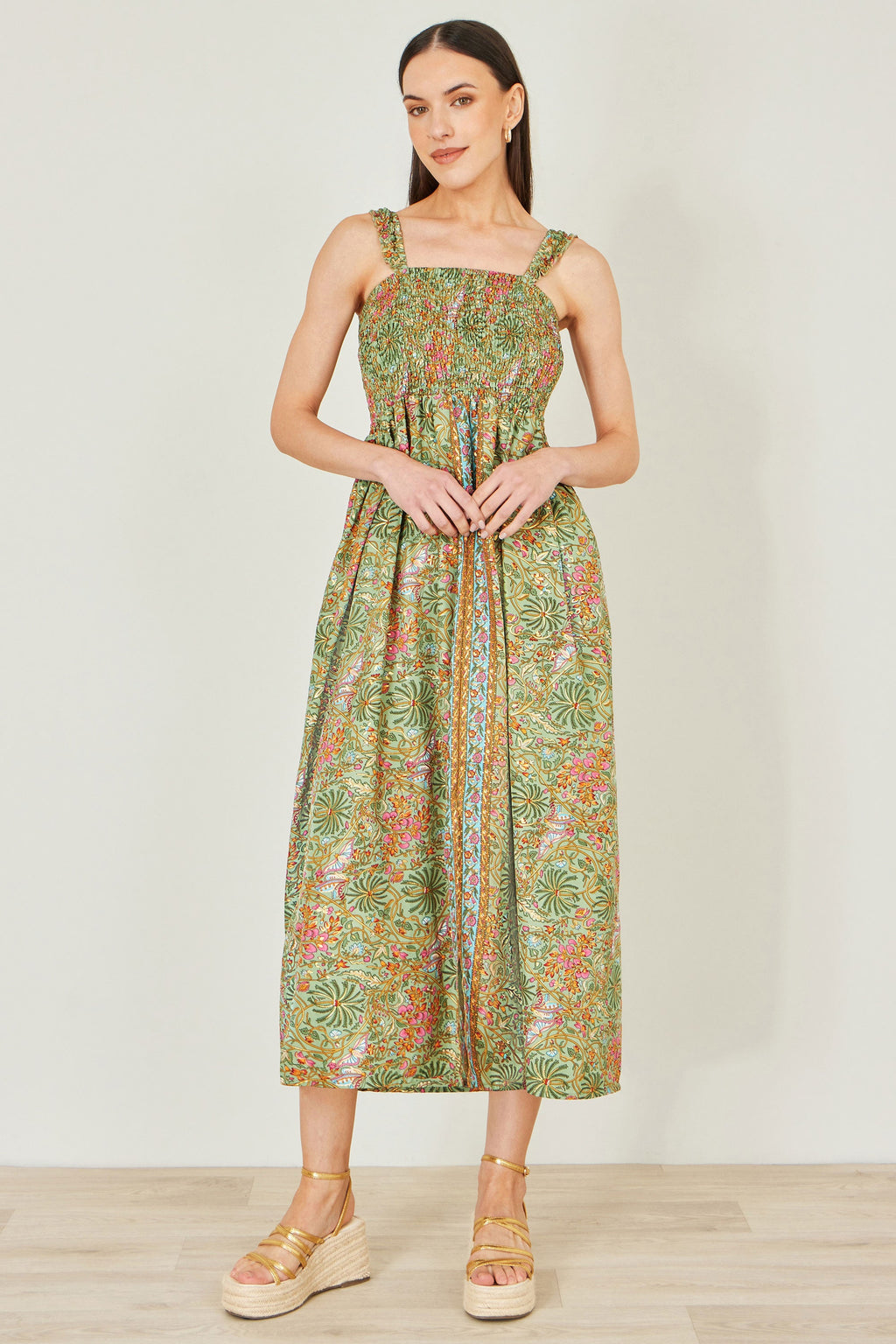 Yumi Green Foil Palm Print Ruched Maxi Dress With Border Detail