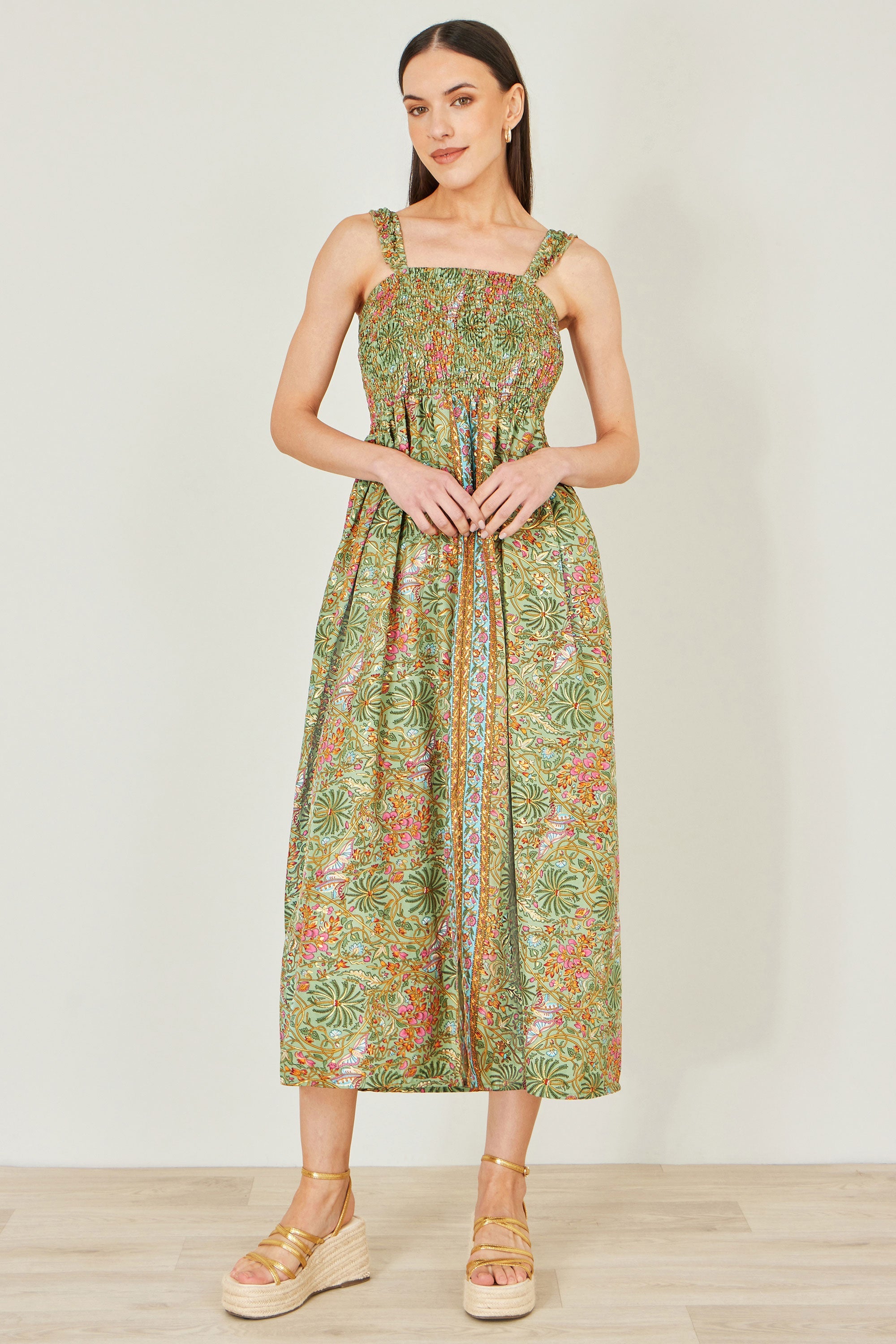 Yumi Green Foil Palm Print Ruched Maxi Dress With Border Detail