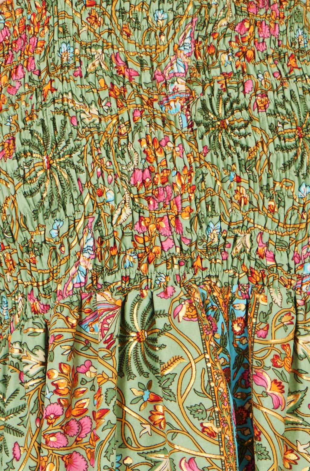 Yumi Green Foil Palm Print Ruched Maxi Dress With Border Detail