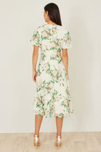 Yumi Ivory Floral Tea Dress With Front Ties