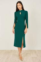 Yumi Green Fitted Midi Dress With Flute Sleeves