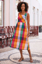 Yumi Multicolour Seersucker Cotton Midi Sun Dress