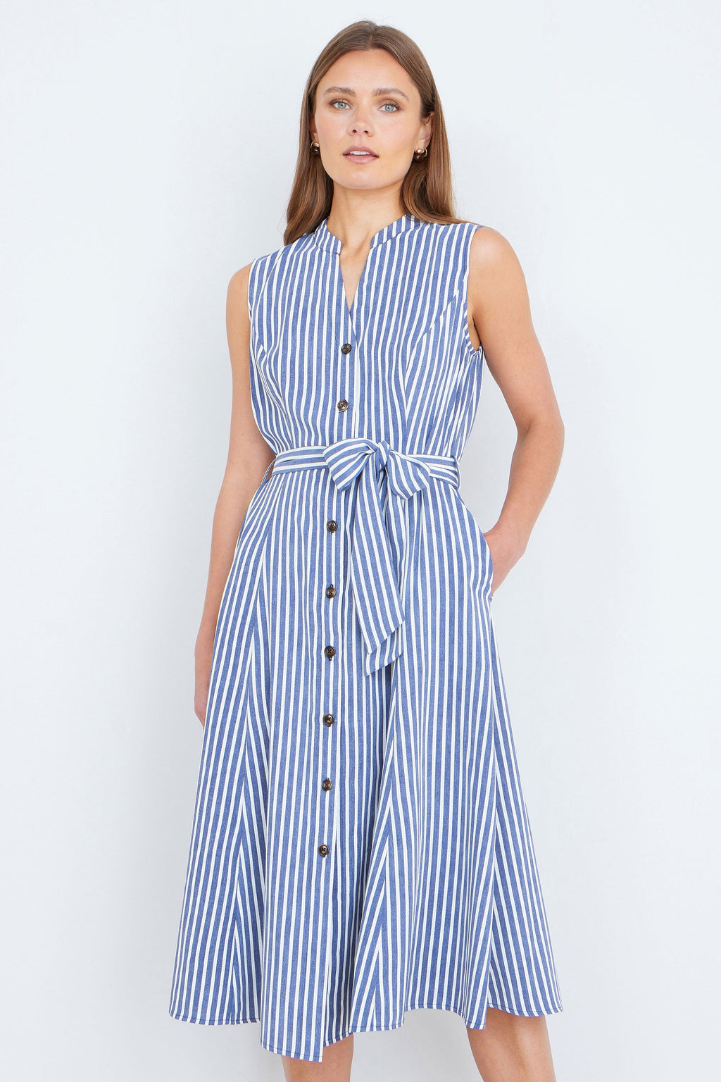 Yumi Navy Stripe Midi Sleeveless Shirt Dress