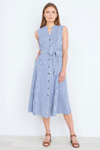 Yumi Navy Stripe Midi Sleeveless Shirt Dress