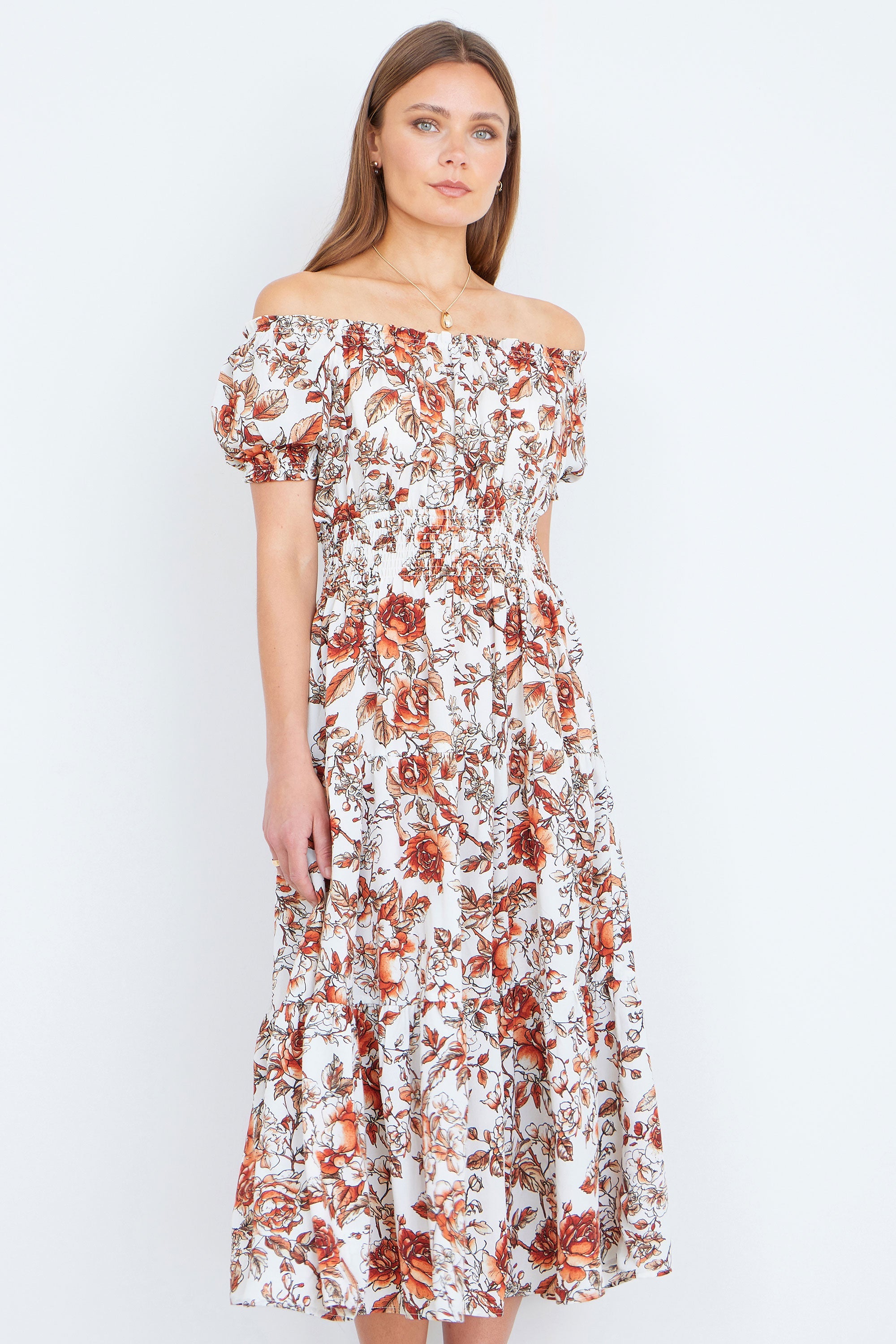 Yumi Orange Floral Ruched Waist Midi Dress