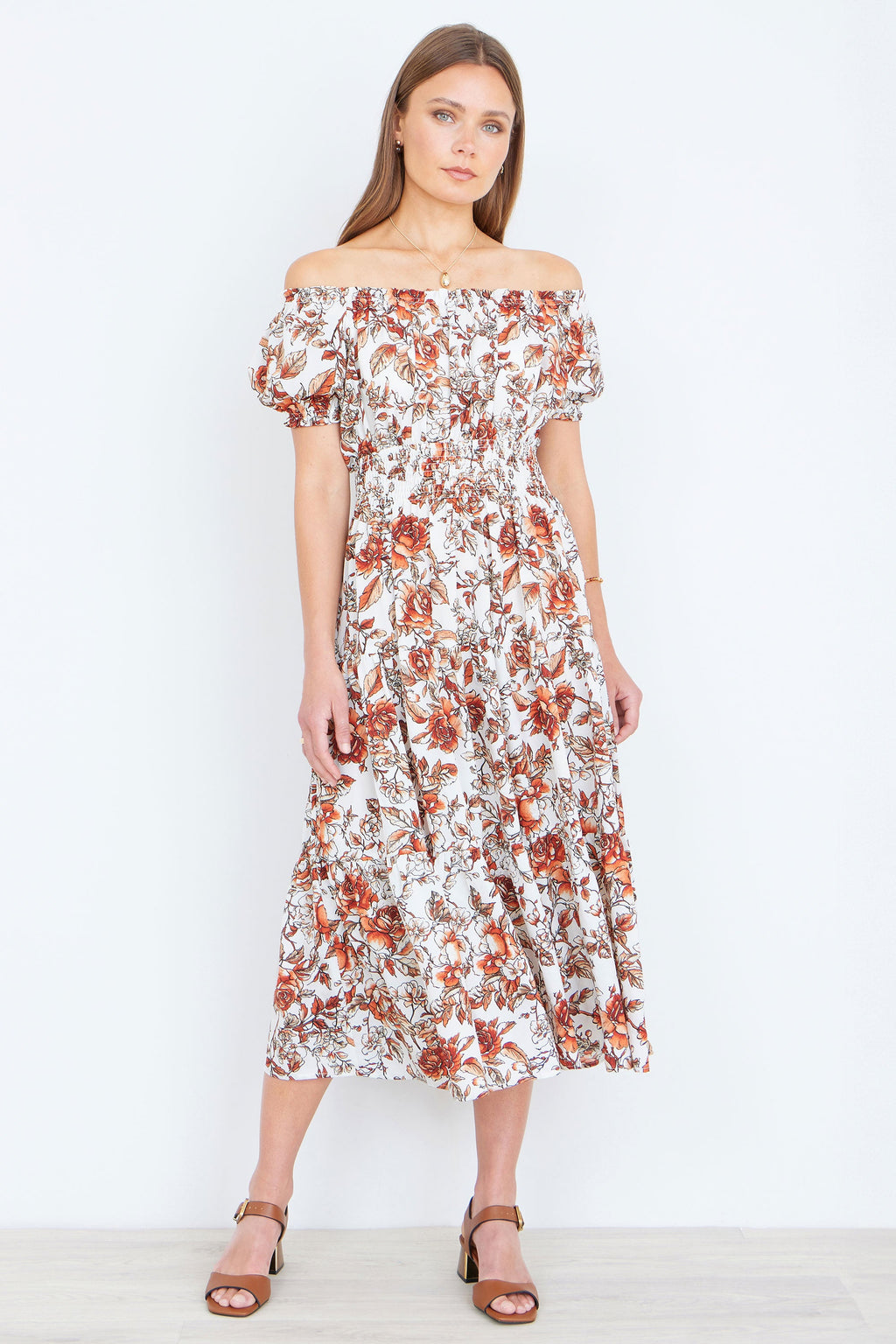 Yumi Orange Floral Ruched Waist Midi Dress