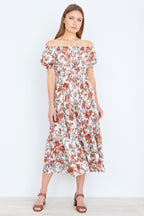 Yumi Orange Floral Ruched Waist Midi Dress