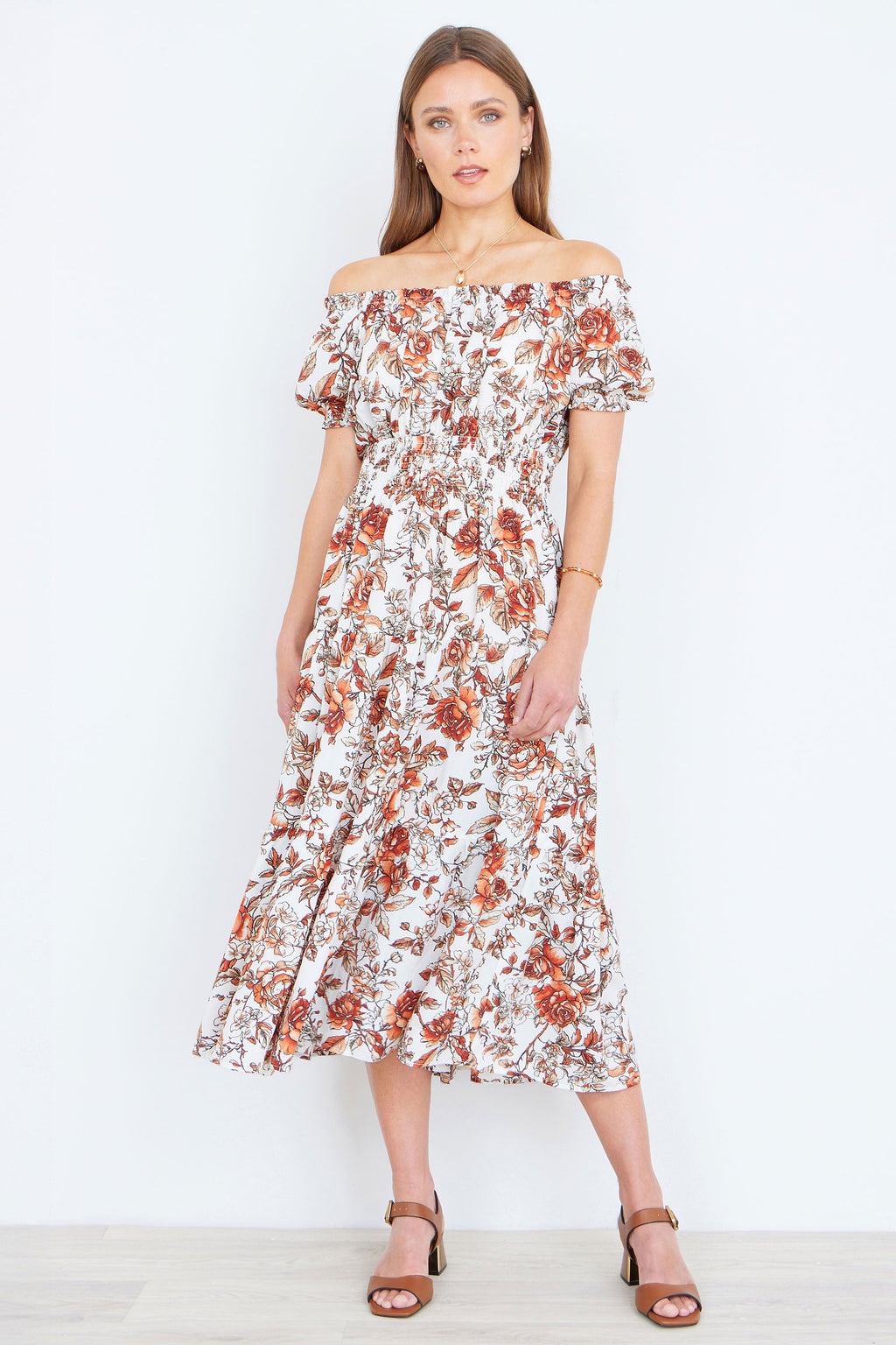 Yumi Orange Floral Ruched Waist Midi Dress