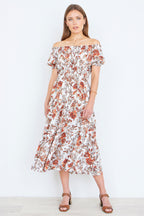 Yumi Orange Floral Ruched Waist Midi Dress