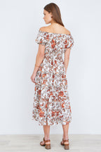 Yumi Orange Floral Ruched Waist Midi Dress
