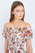 Yumi Orange Floral Ruched Waist Midi Dress