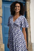 Yumi Blue Floral Ruched Waist Midi Dress With Angel Sleeves