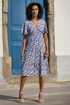 Yumi Blue Floral Ruched Waist Midi Dress With Angel Sleeves