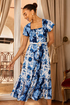 Yumi Blue Floral Viscose Midi Shirt Dress With Matching Belt