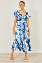 Yumi Blue Floral Viscose Midi Shirt Dress With Matching Belt
