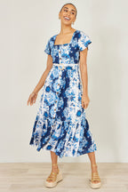 Yumi Blue Floral Viscose Midi Shirt Dress With Matching Belt