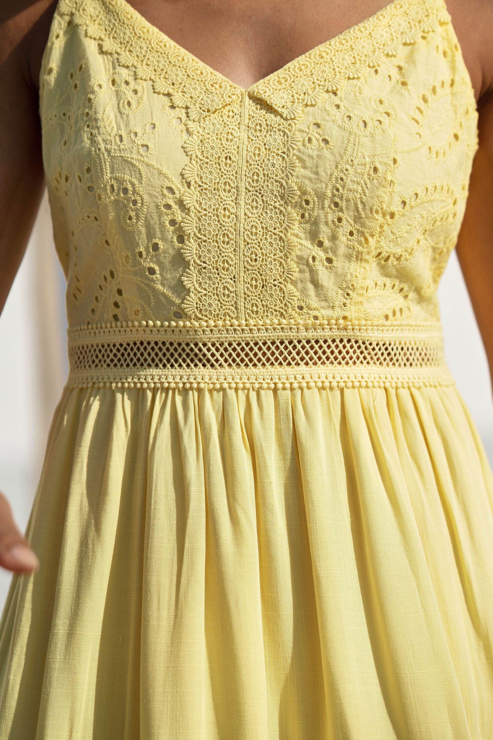 Yumi Butter Yellow Cotton Lace Trim Midi Dress