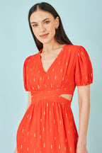 Yumi Orange Foil Print Viscose Cut Out Midi Dress