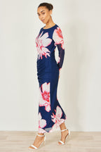 Yumi Navy Floral Placement Floral Long Sleeve Mesh Maxi Dress