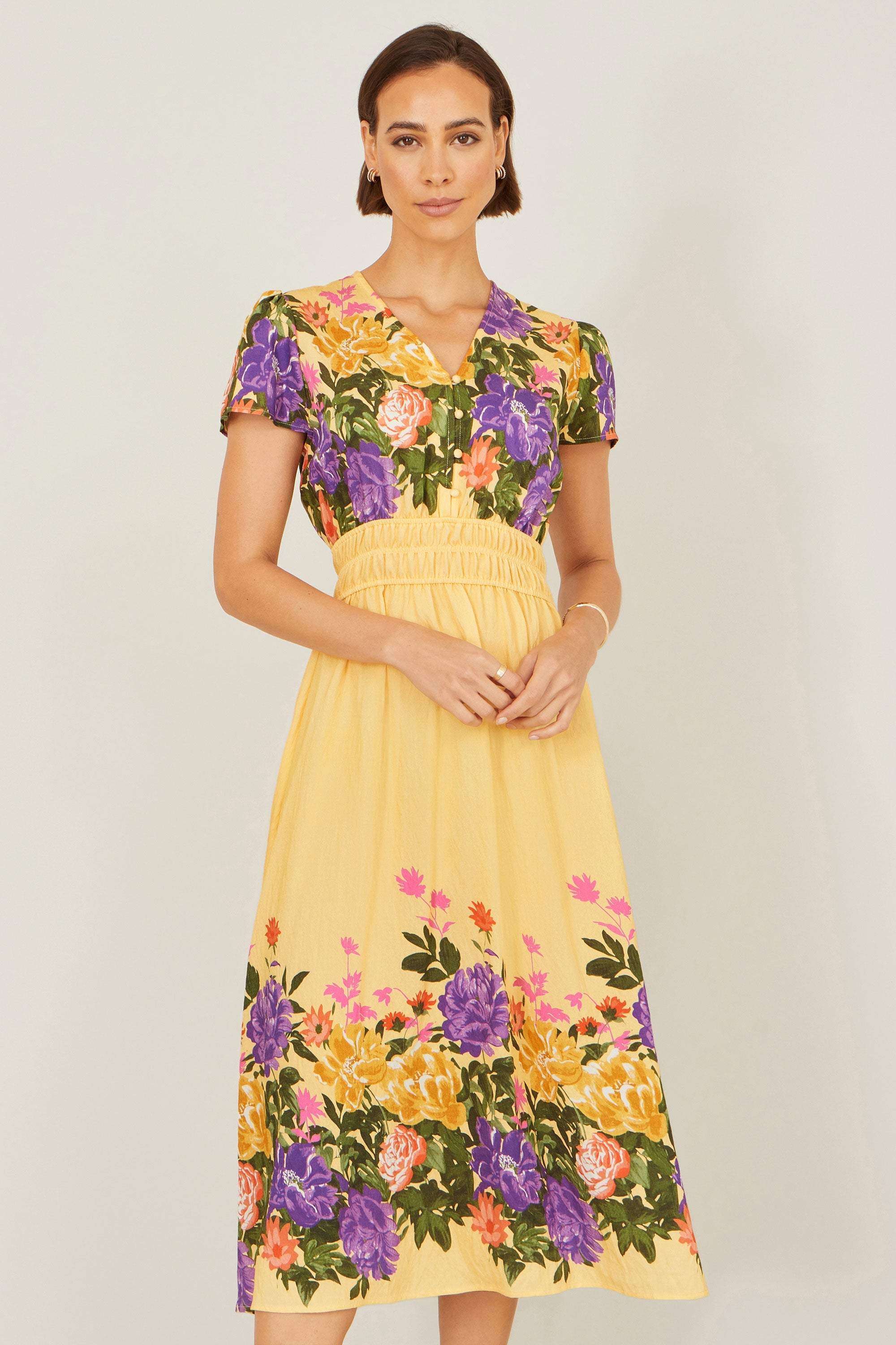 Yumi Butter Yellow Floral Mirror Print Viscose Midi Dress