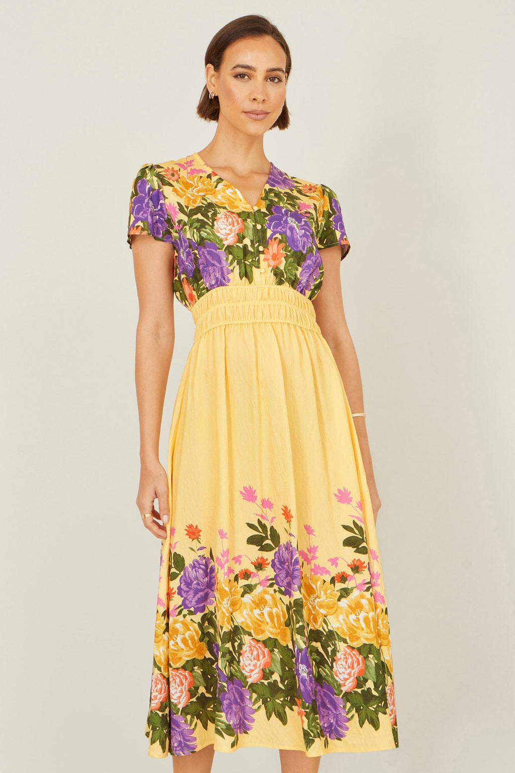 Yumi Butter Yellow Floral Mirror Print Viscose Midi Dress